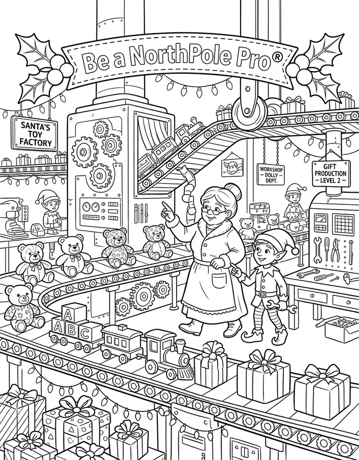 Preview of Mrs. Claus Coloring Page: The Toy Shop