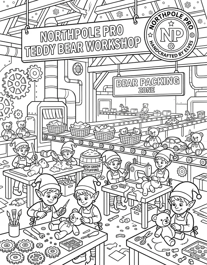 Preview of Toy Factory Coloring Page: Teddy Bear Workshop