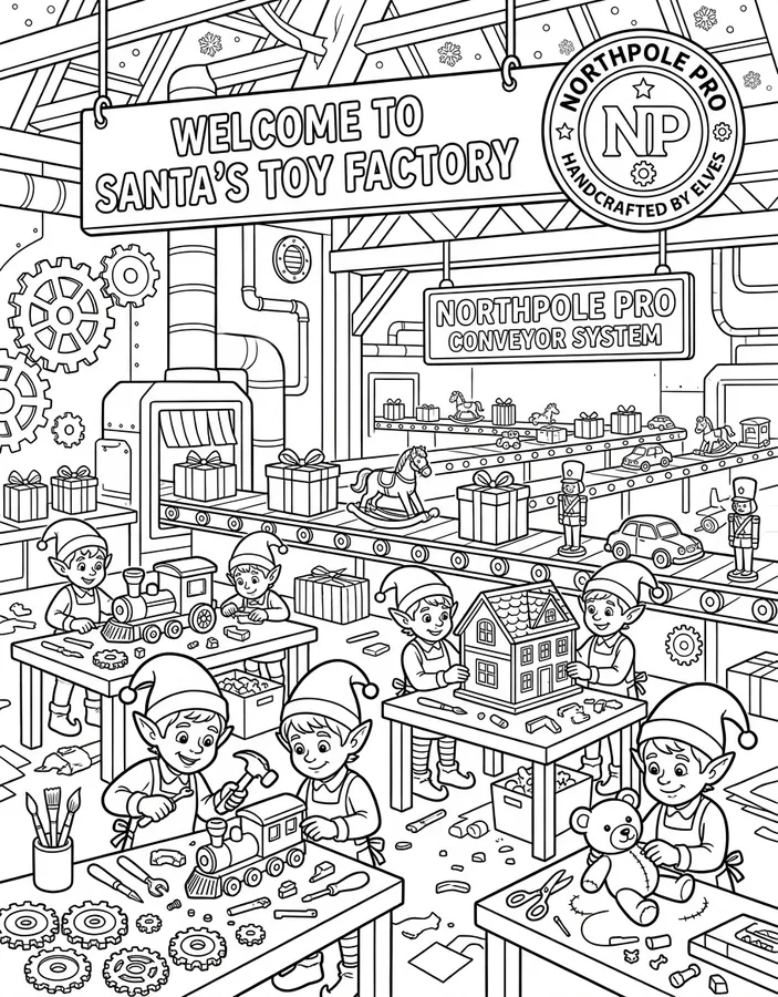 Preview of Toy Factory Coloring Page: Welcome to Santa's Toy Factory